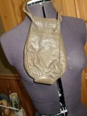 Vtg pouch handbag taupe leather drawstring top Barbara Boland Italy